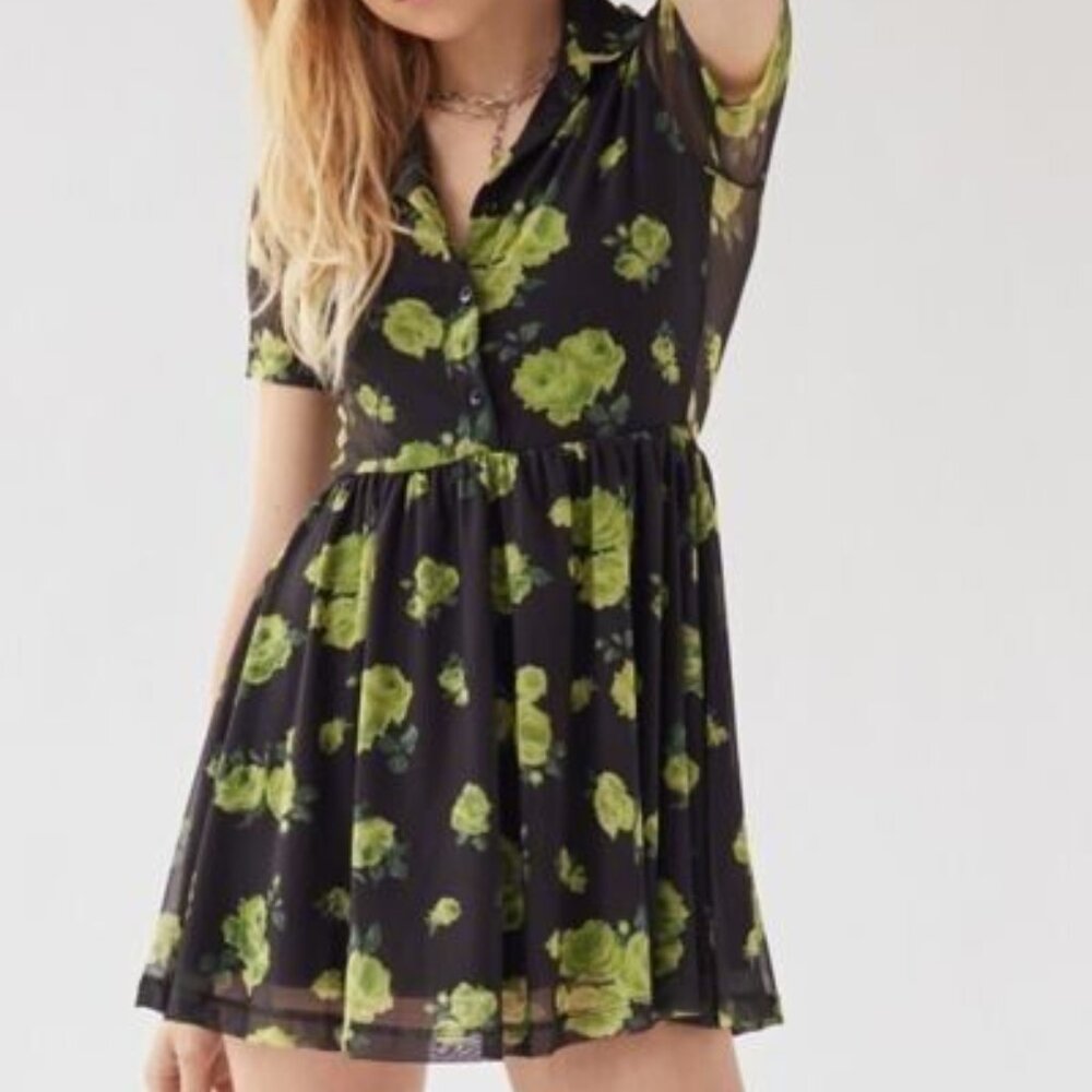 Urban Outfitters Womens Mini Dress Size Small Dark Floral Green Black Summer
